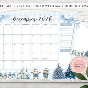 2026 December Calendar & Notepad: Christmas Holiday Planner (PDF, PNG)