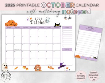 2025 Oktober Kalender + Notizblock – Druckbarer Planer zum Thema Halloween für Kinder, Eltern, Lehrer – Sofortiger digitaler Download PDF JPG PNG