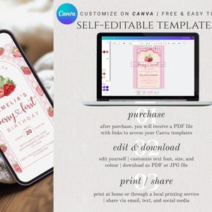 May include: A smartphone and laptop display a pink strawberry-themed birthday invitation template. The invitation features the text "Amelia's Berry First Birthday" and is customizable on Canva. Instructions for purchase, editing, and printing are also displayed.