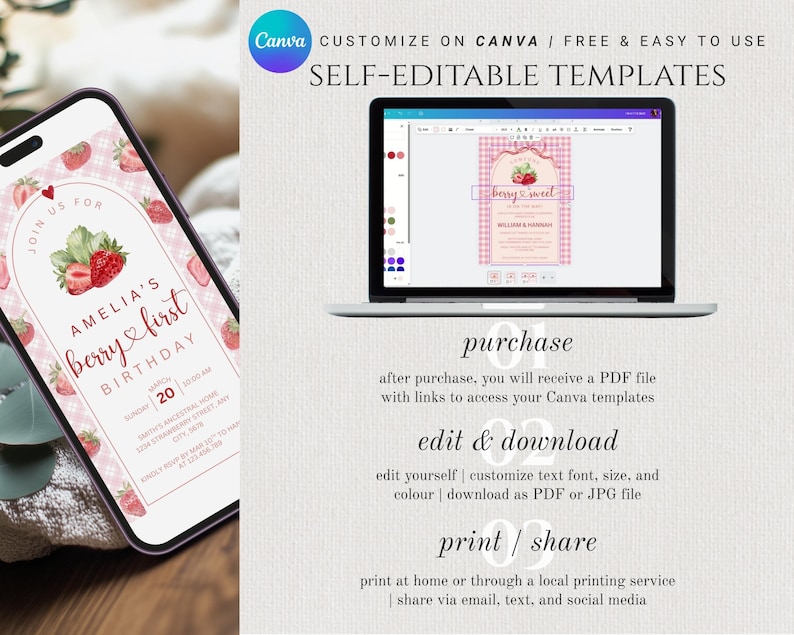 May include: A smartphone and laptop display a pink strawberry-themed birthday invitation template. The invitation features the text "Amelia's Berry First Birthday" and is customizable on Canva. Instructions for purchase, editing, and printing are also displayed.