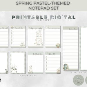 Puede incluir: Un juego de blocs de notas con temática pastel de primavera con el texto "PRINTABLE DIGITAL IN 2 SIZES". El juego incluye varios blocs de notas con páginas rayadas y cuadriculadas, decorados con ilustraciones florales y botánicas. Los blocs de notas miden 8,26 cm x 12,06 cm y 8,26 cm x 24,13 cm.