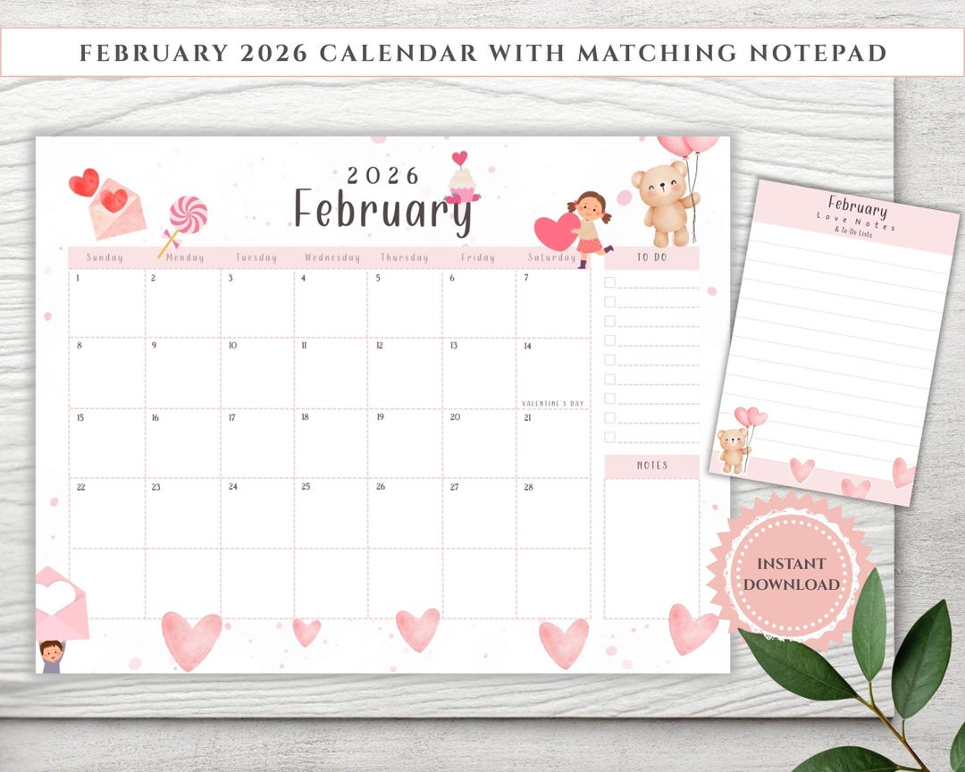 February 2026 Calendar Notepad Printable | Valentine's Day (PDF & PNG ...