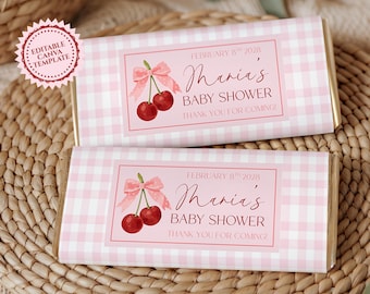 Cherry on Top Baby Shower Chocolate Wrapper | Pink Gingham Candy Favor (Digital Download)