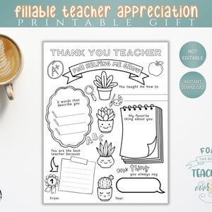 Könnte beinhalten: Ein schwarz-weiß druckbares Lehrer-Anerkennungsgeschenk mit dem Text "Danke Lehrer" und "Für das Helfen beim Wachsen". Das Design enthält Platz zum Schreiben und Zeichnen, mit dekorativen Elementen wie Pflanzen und einem Apfel.