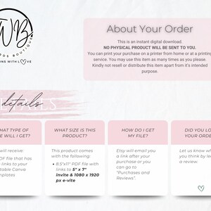 May include: Digital download product details displayed on a light pink background. The image includes the shop's logo, details about the order, file type, size, how to access the file, and a request for a review.
