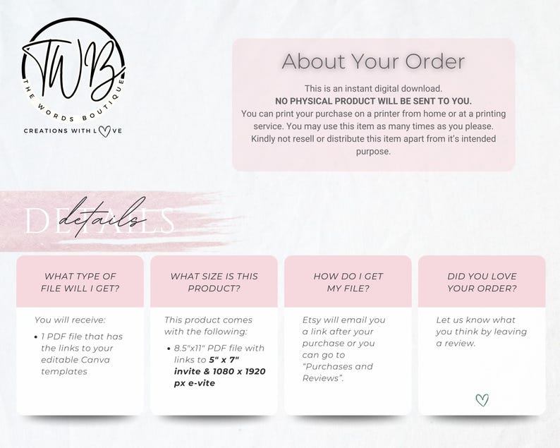 May include: Digital download product details displayed on a light pink background. The image includes the shop's logo, details about the order, file type, size, how to access the file, and a request for a review.