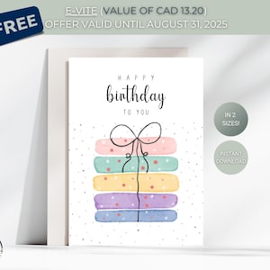 Cartão de Feliz Aniversário - Download DIGITAL - Cartão de Aniversário para Imprimir com Pinceladas de Aquarela - Cartão de Aniversário para Imprimir - Cartão para Imprimir