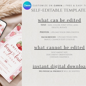 May include: A digital invitation template for a berry-themed first birthday. The design features strawberries, a pink gingham pattern, and the text "Amelia's Berry First Birthday." The image also includes a smartphone displaying the invitation and Canva branding.