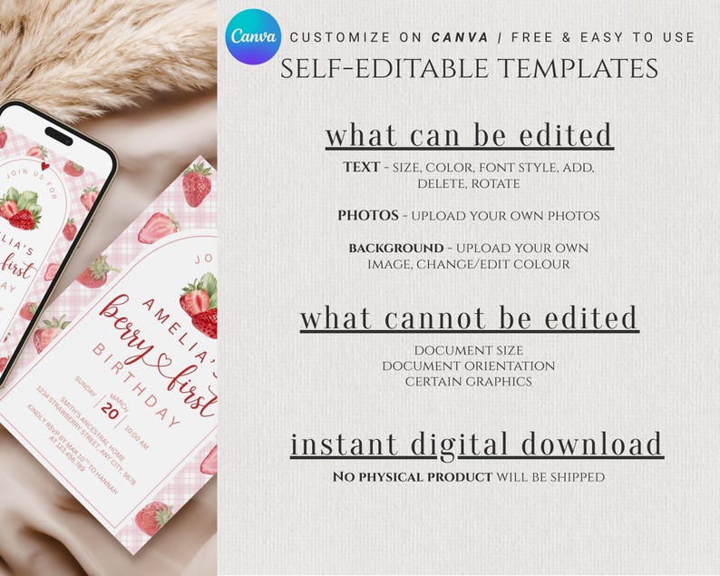 May include: A digital invitation template for a berry-themed first birthday. The design features strawberries, a pink gingham pattern, and the text "Amelia's Berry First Birthday." The image also includes a smartphone displaying the invitation and Canva branding.