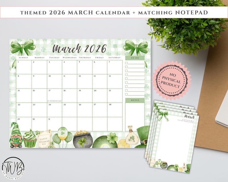 March 2026 Calendar and Notepad | St. Patrick's Day Printable (PDF ...