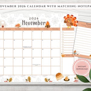 2026 November Calendar & Notepad: Thanksgiving Planner (Digital Download PDF, PNG)