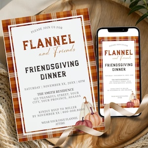 Flannel and Friends Thanksgiving Invitation | Editable Friendsgiving Dinner Party Invite (Digital Download)