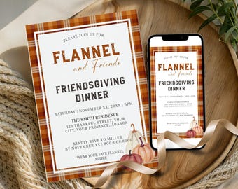 Flannel and Friends Thanksgiving Invitation | Editable Friendsgiving Dinner Party Invite (Digital Download)