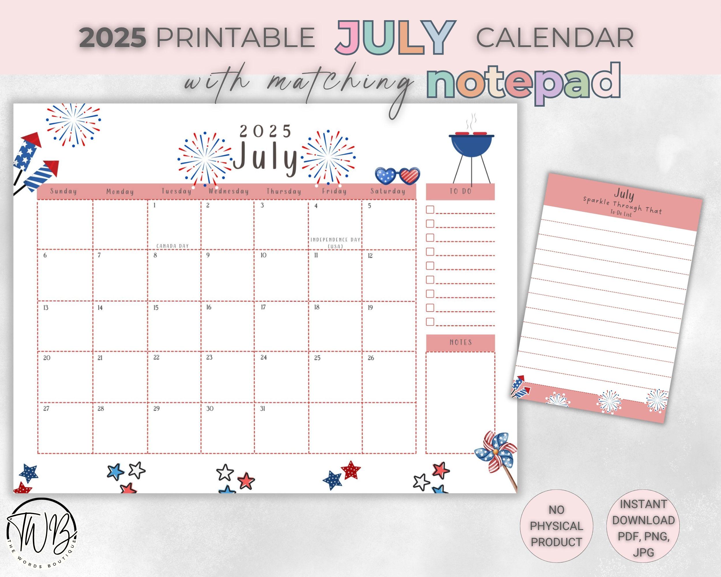 Juli 2025 Druckbarer Kalender + passender Juli Notizblock - Vaterländischer Digitaler Planer für Kinder, Eltern, Lehrer - Sofortiger Download PDF JPG PNG