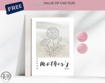 Muttertagskartenvorlage - DIGITALER Download - Druckbare Muttertagskarte mit minimalistischem Blumenmuster, sofortiger Download, druckbar