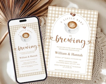 Uitnodiging voor babyshower A Little Baby is Brewing | Bewerkbare canva-sjabloon (digitale download)