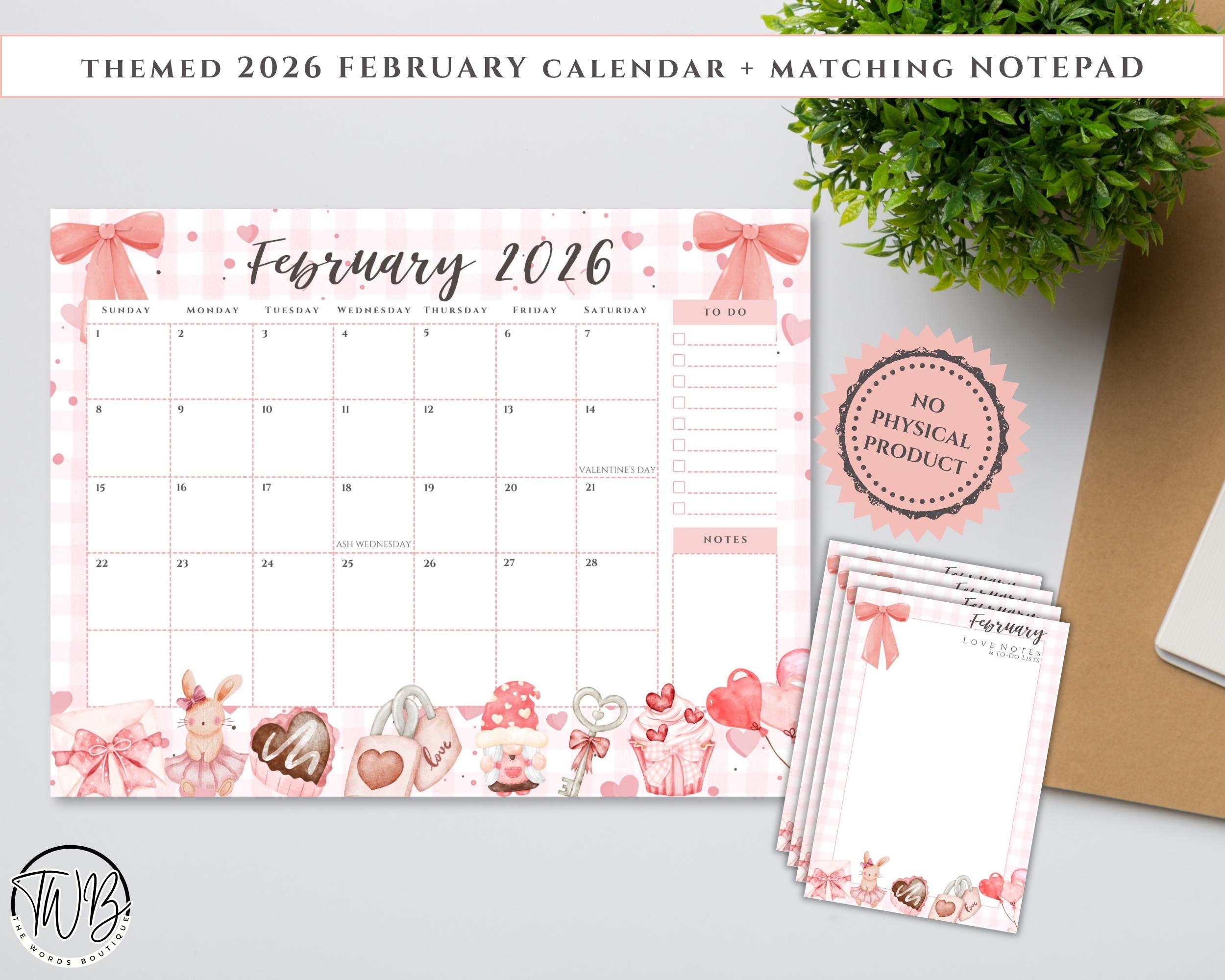 February 2026 Calendar Notepad Printable | Valentine's Day (PDF & PNG ...