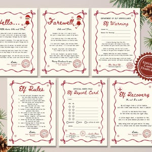 May include: A set of six printable Christmas elf activity cards featuring red decorative borders, text including Hello, Farewell, Elf Warning, Elf Rules, Elf Report Card, and Elf Recovery, with an editable Canva template badge.