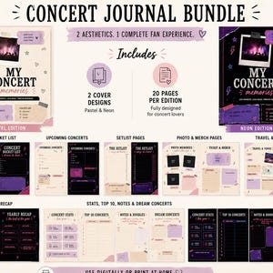 Può includere: Un set di diari per concerti con due design di copertina, pastello e neon, con 20 pagine per edizione. Il set include sezioni per liste dei desideri, concerti in arrivo, scalette, pagine per foto e merchandising, viaggi, luoghi, riepiloghi annuali, statistiche, classifiche top 10, note, scarabocchi e concerti dei sogni.