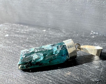 Raw Indicolite Pendant 1.2" RARE Blue Tourmaline Crystal in Sterling Silver