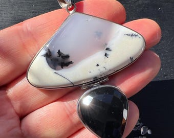 Dendritic Agate Pendant Orca Agate | Faceted Black Onyx | 925 Sterling Silver