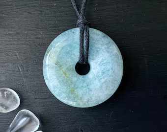 Aquamarine Donut Pendant 1.2 inches Blue Pi-Stone Necklace with black cord