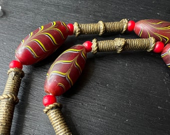 Colar Boho com Contas de Vidro Vintage 48 cm Colar Declaração Dourado-Vermelho