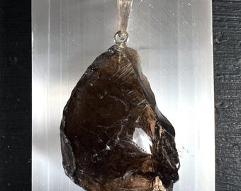 Smoky Quartz Pendant Raw Crystal | Almost Black Chunky Stone | 925 Silver Bail