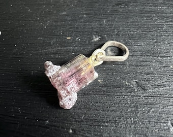 Raw Watermelon Tourmaline Pendant TINY! with pink Lepidolite and 925 Silver Eyelet