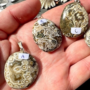 Orbicular Jasper Pendant you choose | brown-creamy Jasper Pendant with dots | flat with solid Silver Loop
