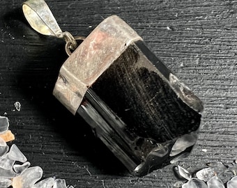 Black Tourmaline Pendant Raw | Polished Tip | 925 Silver Bail | Protection Crystal