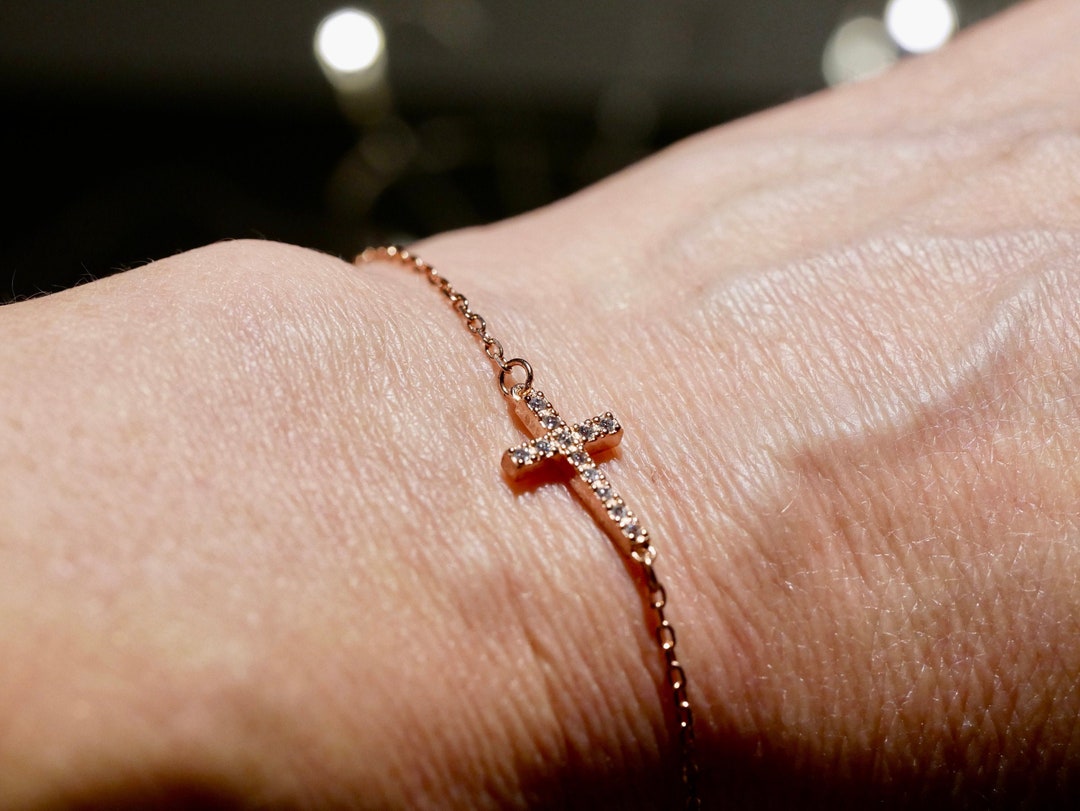 Dainty Rose Gold Cross Bracelet Etsy UK