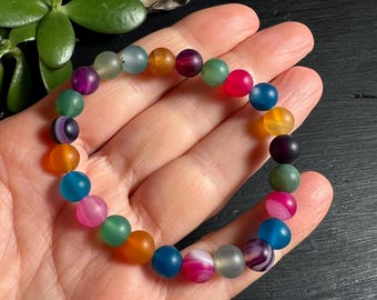 Rainbow Agate Bracelet 8mm Matte | Frosted Candy Color Crystal | Stretch | 19cm