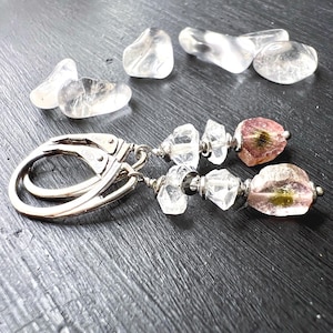 Watermelon Tourmaline Earrings with Herkimer Diamonds Lever Back Sterling Silver Earrings