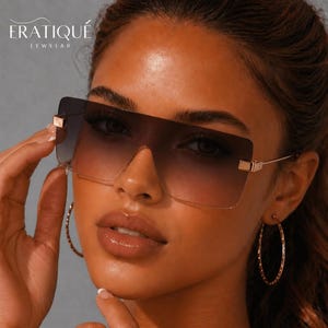 Big Frameless Rectangular Brown Metal Sunglasses| UV Protection |Thin Lightweight Frame
