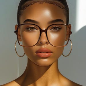 May include: A close-up portrait features a person wearing large, square, brown-framed eyeglasses and gold hoop earrings. The image is well-lit, highlighting the facial features and the eyewear. The brand name "ERATIQUE EYEWEAR" is visible in the upper right corner.