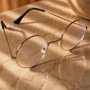 May include: Gold-rimmed eyeglasses with oval lenses. The glasses have black earpieces and a delicate gold frame. The brand name "ERATIQUE EYEWEAR" is printed in a serif font at the top of the image. The glasses are set on a light brown surface.