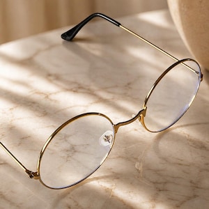 May include: Gold-rimmed eyeglasses with clear lenses. The glasses have a thin, circular frame and black temples. The brand name "ERATIQUE" is displayed at the top of the image. The glasses are set on a marble surface.