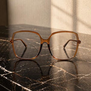 May include: Square-framed eyeglasses with a brown gradient, resting on a dark marble surface. The glasses have a retro design with a light brown frame and clear lenses. The brand name "ERATIQUE EYEWEAR" is visible at the top.