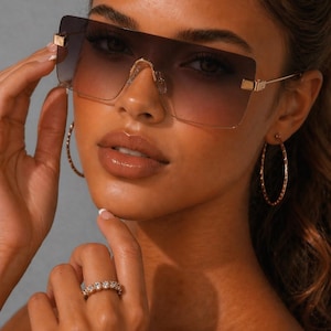 Big Frameless Rectangular Brown Metal Sunglasses| UV Protection |Thin Lightweight Frame