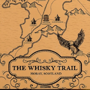 Carte vintage de la route du whisky de Moray, en Écosse - Poster à téléchargement numérique de style ancien