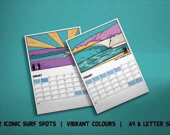 May include: A calendar featuring 12 iconic surf spots with vibrant colors. The calendar is in A4 and letter size. The January page features a sunset over the ocean with surfers in the foreground. The February page features a large wave breaking at Puerto Escondido, Mexico.