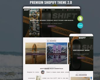 Shopify-Theme für Skateboards | Vorlage für Surf- und Snowboard-Shops | Website für Sportmarken | Action-Ausrüstung + Canva-Banner