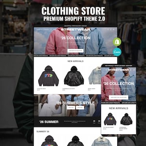 Może przedstawiać: Makieta strony internetowej dla sklepu odzieżowego, prezentująca motyw premium Shopify. Projekt prezentuje kolekcje streetwear, w tym '26 Collection' i '26 Summer's Style'. Strona wyświetla nowości, ze zdjęciami produktów i tekstem.