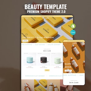May include: A website and mobile app mockup promoting a beauty product theme. The website displays yellow boxes labelled "SUNBOX" and the text "THE PERFECT KITS FOR BEGINNERS". The mobile app shows skincare products with the text "GLOW + SHINE".