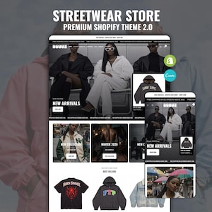 May include: A mockup of a streetwear store website on a tablet and phone. The website features images of clothing, including a black t-shirt with a red graphic, a gray hoodie, and a denim jacket. The text "STREETWEAR STORE" is at the top.