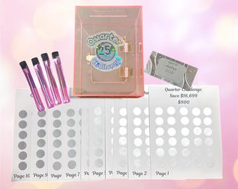 Pink Acrylic Quarter Savings Challenge Lockbox | Scratch-Off Tracker System 16,699 Dollars Goal