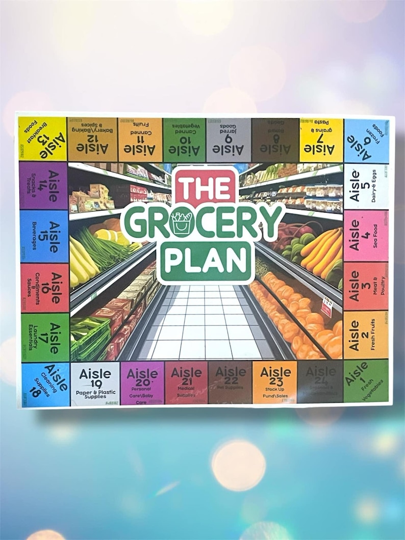 K&ouml;nnte beinhalten: Eine farbenfrohe Karte der G&auml;nge eines Lebensmittelladens mit den Worten "The Grocery Plan" in einem gr&uuml;nen Kreis. Die Karte zeigt die Anordnung eines Lebensmittelladens mit verschiedenen G&auml;ngen, die mit Nummern und Produktkategorien gekennzeichnet sind, wie z. B. "Frisches Obst", "Milchprodukte und Eier", "B&auml;ckerei und Backwaren" und "Gew&uuml;rze".
