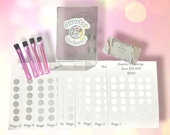 Scratch Off Quarter Savings Challenge System, 300 Spot Money Saving Game, Reusable Acrylic Cash Box with Keys, 16,699 Cash Goal