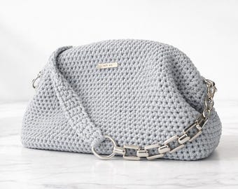 Gray Knitted Shoulder Bag, Crochet Handbag with Chain Strap, Evening Purse, Stylish Casual Accessory